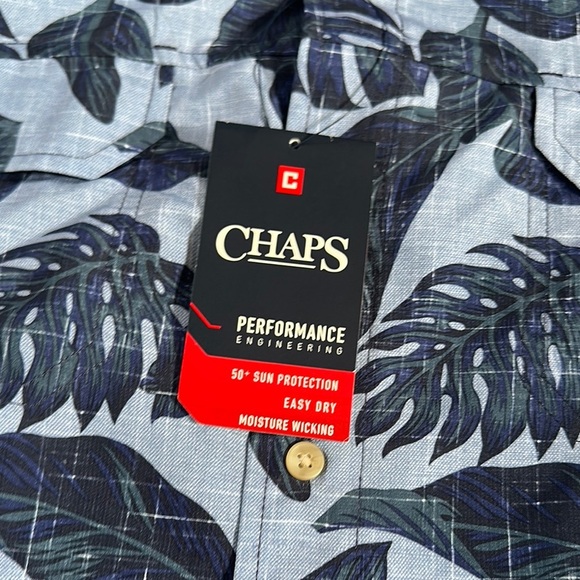 Chaps Blue Casual Button Down Shirt with Tropical Leaf Pattern - Picture 3 of 6